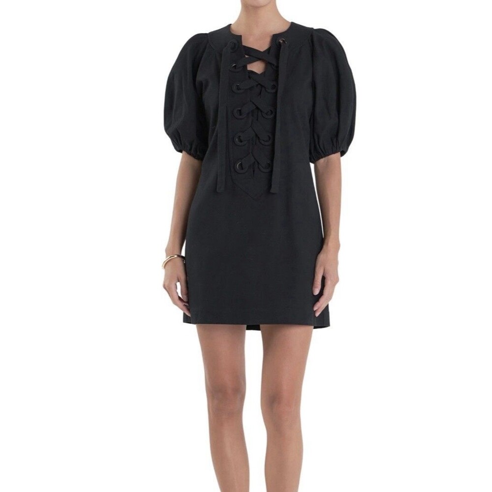 English Factory Black Mini Dress Lace Up Puff Sleeve Women’s Size Small NWT
